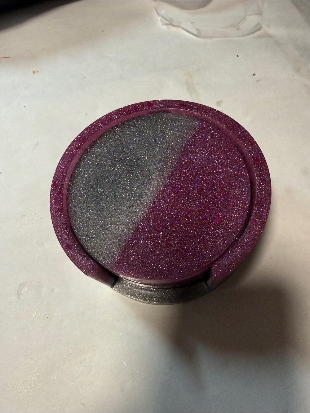 Round Glitter Coasters set in Resin for your Home -Purple and Silver